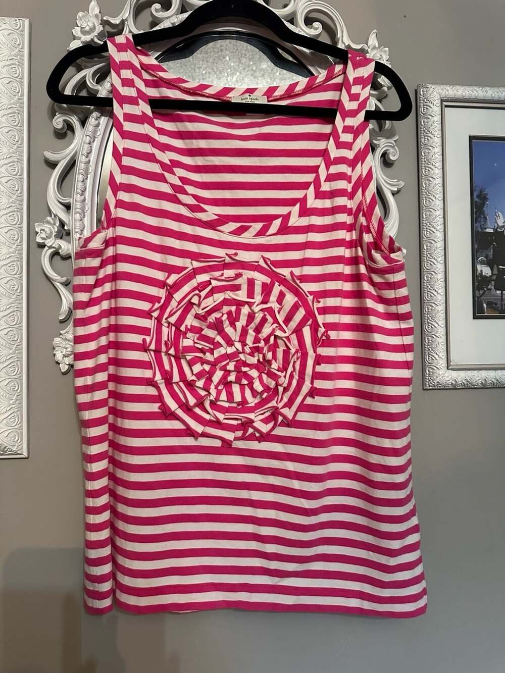 Kate Spade Pink and White Striped Rosette Tank Top